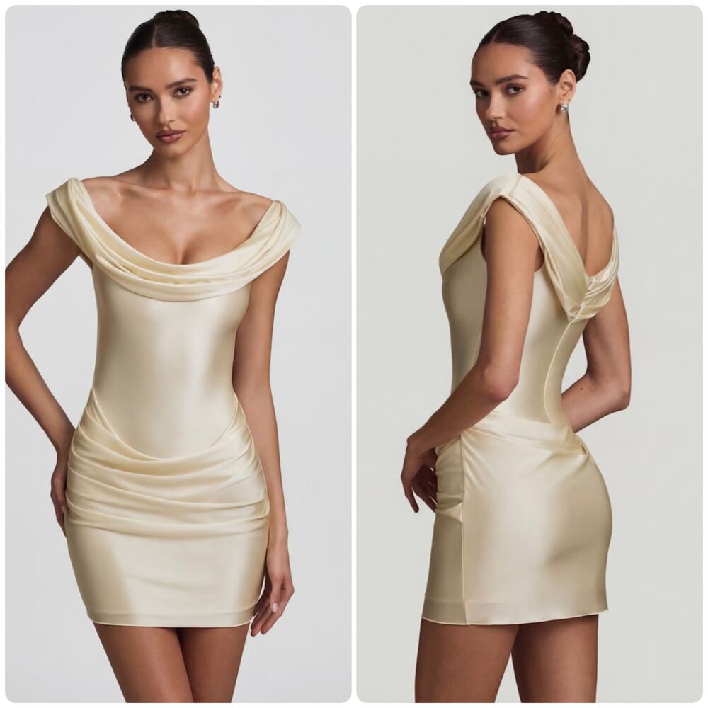 Oh Polly Maeve Satin Off-Shoulder Draped Mini Dress in Ivory Size 2 New